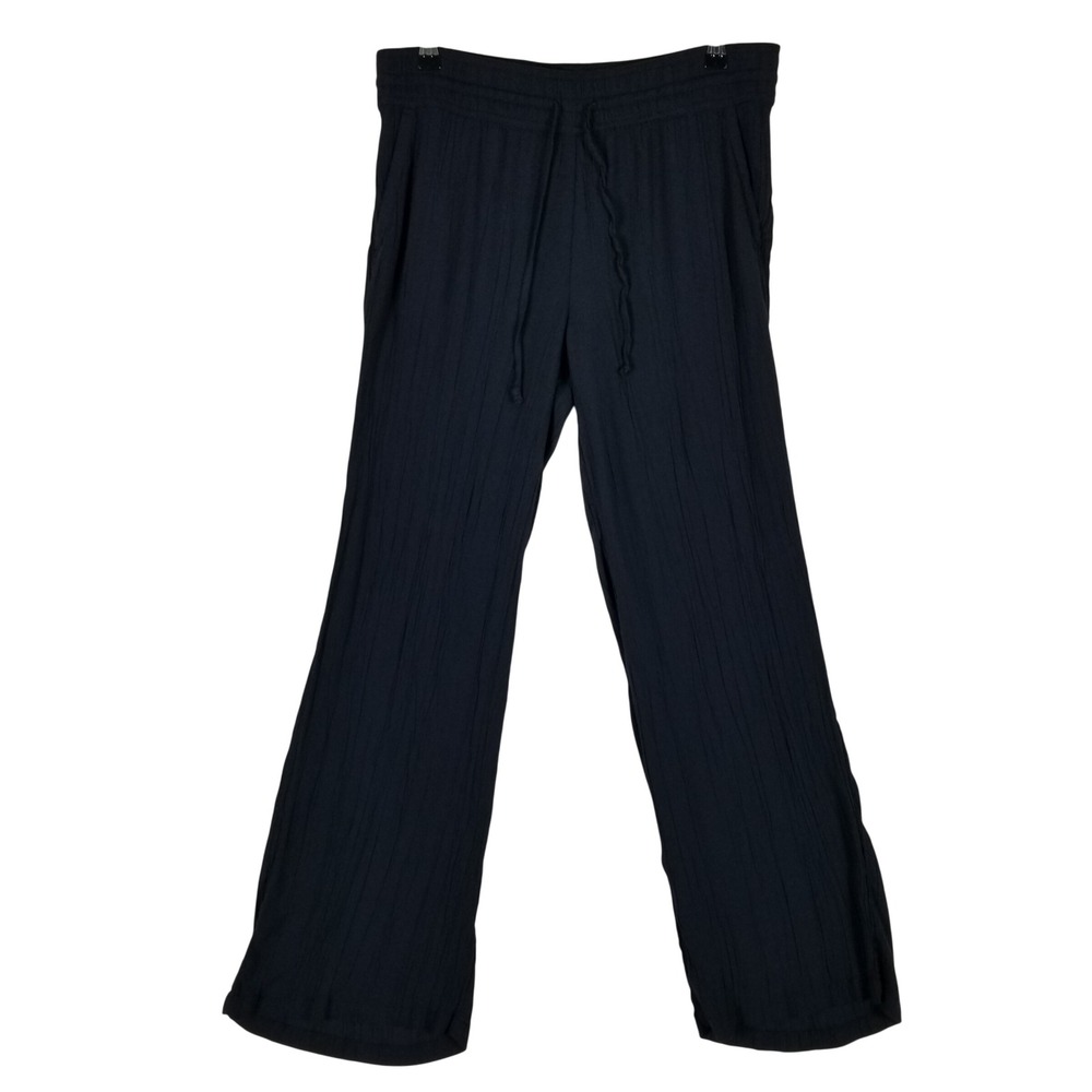 prAna Wide Leg Pants Womens L Black Crinkle Tencel Modal Drawstring Elastic
